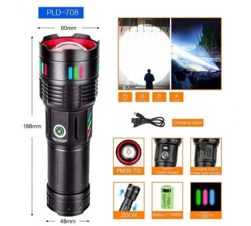 Яркий тактический фонарик NIGHT VISION NV-708, Фонарик на юсб зарядкой для дома, Сверхмощный фонарь лед KU-71