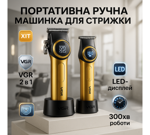 Триммер беспроводной VGR 2 в 1 V-001 V-977 GOLD, Профессиональная машинка для стрижки с насадками TS-83