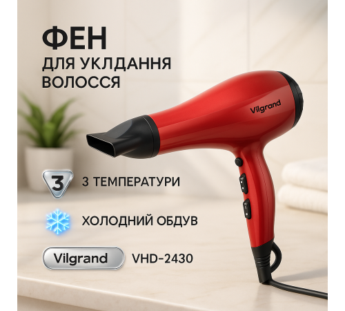 Хороший електричний фен Vilgrand, Потужний фен для швидкого сушіння без шкоди для волосся QT-68