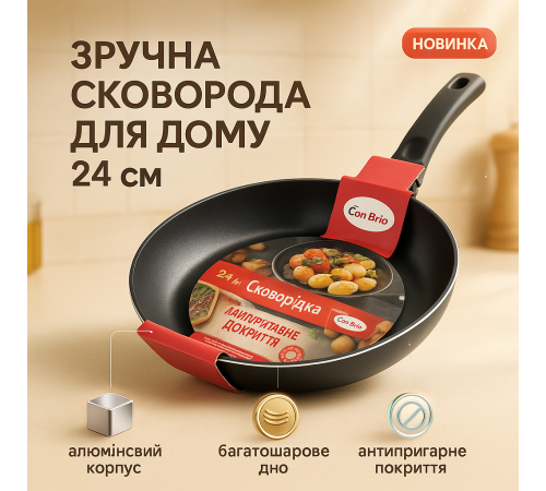 Ідеальна сковорода Con Brio СВ-2422 24 см, Кулінарна сковорода з антипригарним покриттям UW-70