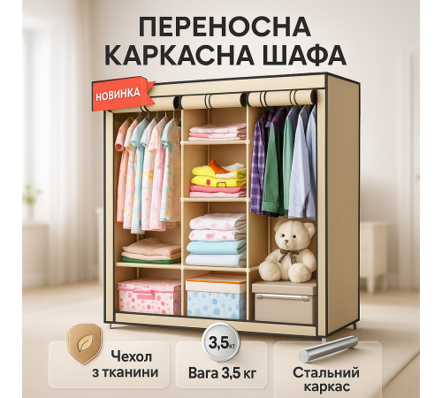 Шафа тканинна металева WARDROBE, Шафа-гардероб текстильна, Портативна збірна шафа для білизни WT-25