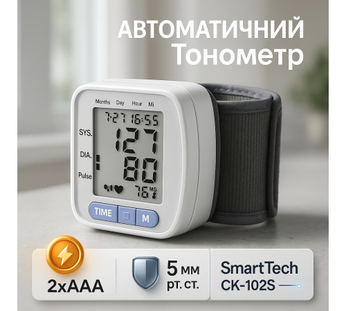Медичний апарат для вимірювання тиску SmartTech CK-102S, Електричний тонометр, Тиск вимірювати UC-84