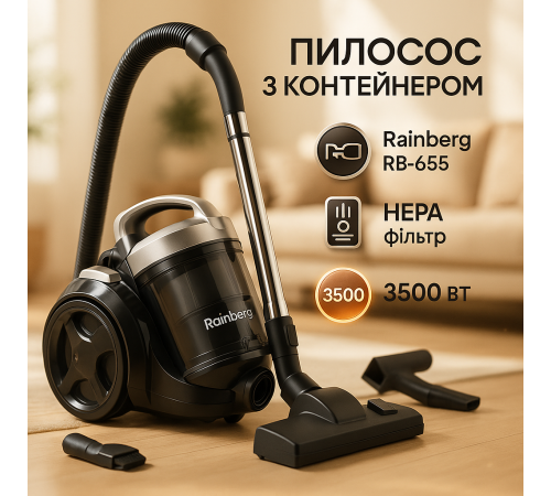 Колбовый пылесос безмешковый циклонного типа Rainberg RB-655 3500 W, Пылесос с моющимся контейнером HW-78