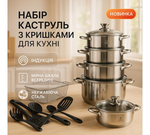 Набір каструль з міцним антипригарним покриттям 18, Набір каструль для електроплити Комплект KE-31