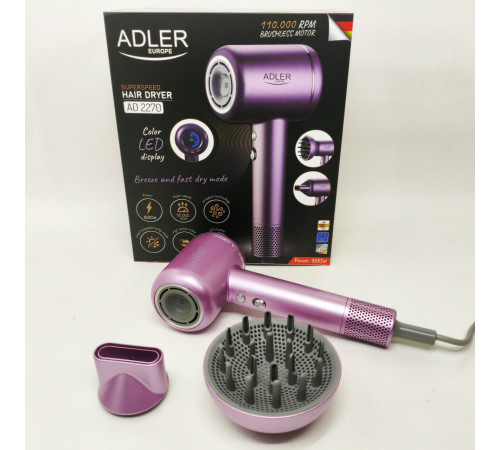 Потужний електричний фен для сушіння волосся ADLER AD 2270P 1600Вт, Фен для волосся з іонізацією JN-83