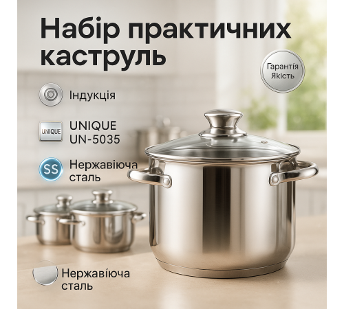 Набор кастрюль сталь UNIQUE UN-5035, Набор посуды для любых плит, Кастрюли с крышками LE-60