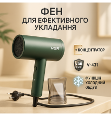 Жіночий фен для волосся VGR V-431 1600-1800 Вт, Фен з іонізацією для укладання, Електрофен з насадками CJ-92