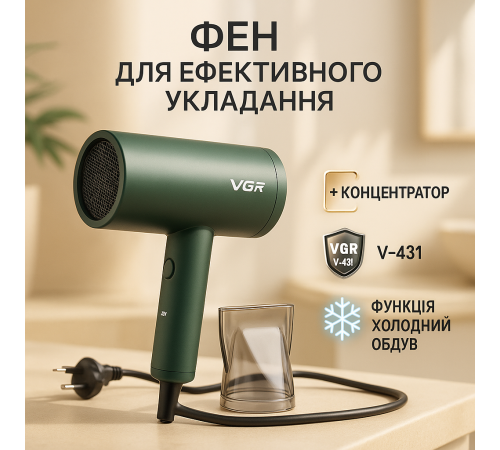 Жіночий фен для волосся VGR V-431 1600-1800 Вт, Фен з іонізацією для укладання, Електрофен з насадками CJ-92
