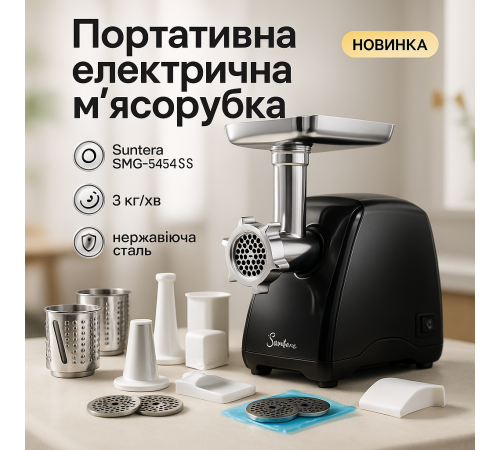 М'ясорубка з решіткою для фаршу Suntera SMG-5454SS 2200 Вт, М'ясорубка з потужним двигуном KG-75