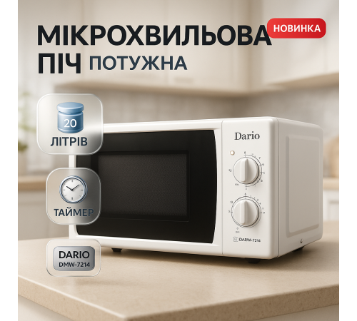 Мікрохвильова піч з простим керуванням Dario DMW-7214 20 л 700 Вт, Мікрохвильова піч для малих кухонь DU-34