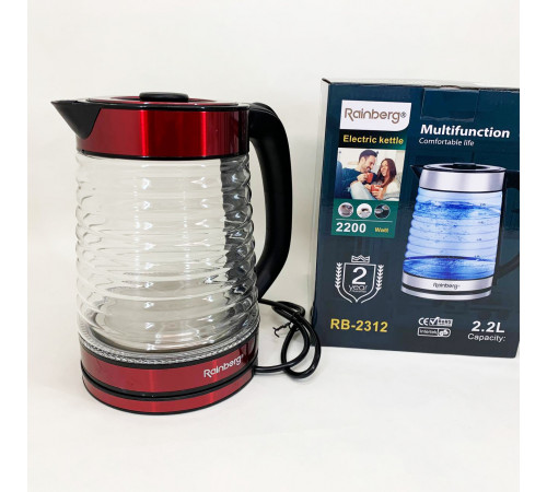 Электрочайник стеклянный с подсветкой качественный Rainberg RB-2312 2.2л 2200Вт, Чайник дисковый MD-76