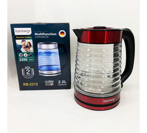 Электрочайник стеклянный с подсветкой качественный Rainberg RB-2312 2.2л 2200Вт, Чайник дисковый MD-76