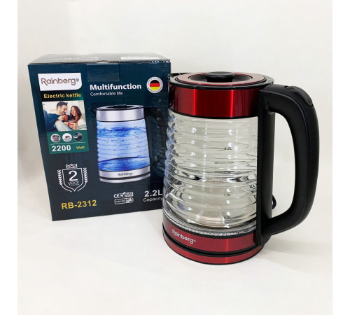 Электрочайник стеклянный с подсветкой качественный Rainberg RB-2312 2.2л 2200Вт, Чайник дисковый MD-76