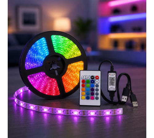 Гнучка світлодіодна стрічка RGB USB 15м / Стрічка на USB на монітор, меблі + пульт / LED стрічка від павербанку за 438 грн