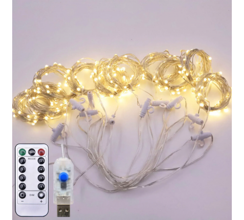 Светодиодная гирлянда штора роса на проволоке 3х2 м 200 LED пульт + USB теплый белый