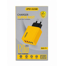 Адаптер с 220V на 2-USB и 2-Type-C, (120ватт), быстрая зарядка в упаковке 120W KO-71 (300)