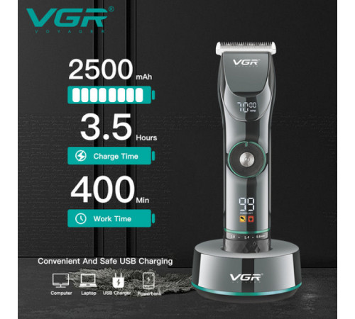 Аккумуляторная машинка для стрижки (clipper) VGR V-256, 6 насадок, LED display (24) за 2588 грн