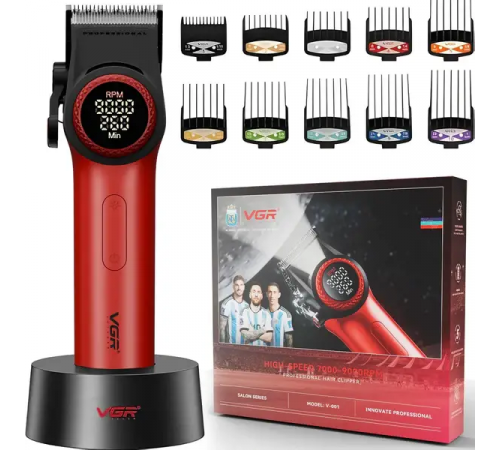 Акумуляторна машинка для стрижки (clipper) VGR V-001, 10 насадок, 9000 RPM, 4600 mAh, LED light, LED за 4140 грн