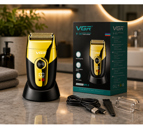 Мужская аккумуляторная электробритва VGR V-383 / Шейвер с LED дисплеем / Электробритва + зарядная станция