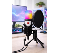 Игровой микрофон для ПК и приставки с RGB подстветкой / Микрофон конденсаторный с поп-фильтром на подставке для блоггеров
