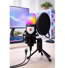 Ігровий мікрофон для ПК та приставки з RGB підсвіткою / Мікрофон конденсаторний з поп-фільтром на підставці для блогерів