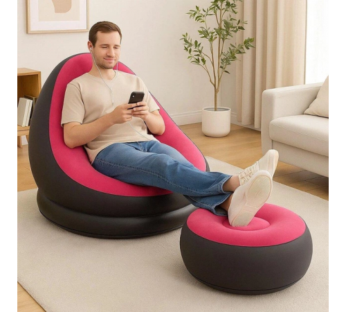 Надувной диван с пуфом Air Sofa / Надувное велюровое кресло с пуфиком+насос Розовый