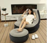 Надувной диван с пуфом Air Sofa / Надувное велюровое кресло с пуфиком+насос Бежевый