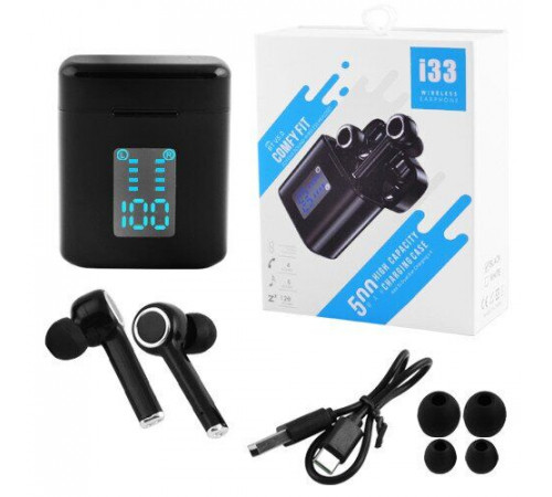 Беспроводные bluetooth-наушники i33 5.0 с кейсом и индикацией заряда. Цвет: черный XT-39