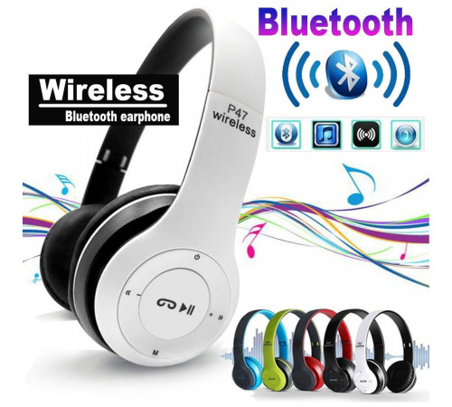 Белый Беспроводные Наушники Wireless P-47 Bluetooth + MicroSD + FM Радио