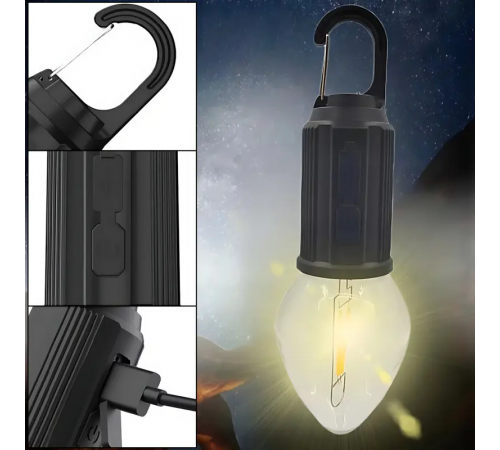 Лампочка з акумулятором + карабін, від USB, BL HK-169B / Підвісна LED лампочка / Ліхтар для кемпінгу