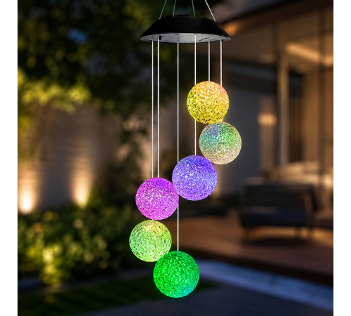 Садова підвісна лампа з 6 LED кулями MULTI / Лампа на сонячній батареї / Декоративні ліхтарики Музика вітру за 370 грн