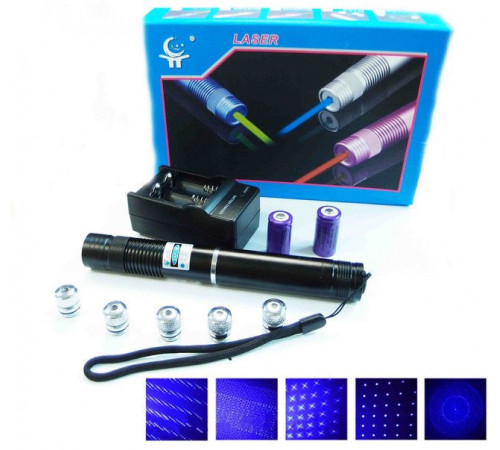 Лазерна указка (лазерний вказівник) 10000МВт синя з насадками Laser Blue YXB 008
