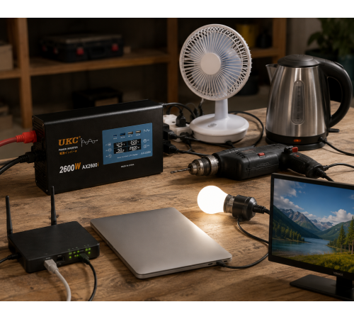 Преобразователь AC/DC 2600W AX Sine с чистым синусом / Преобразователь напряжения с чистым синусом, дисплеем и выходами: 3 x USB, 1 x Type-C / Инвертор автомобильный