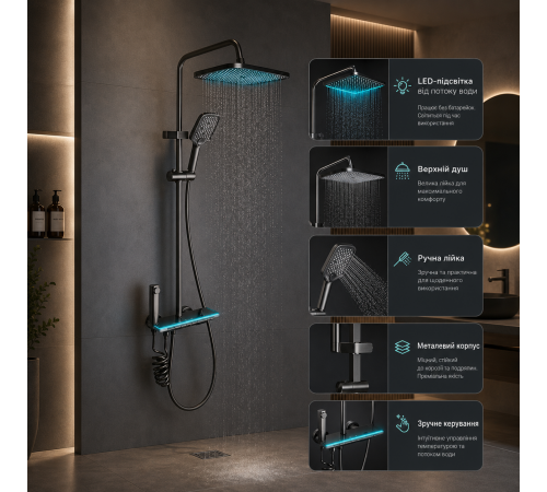 Душ/смеситель Faucet (CRH-8921 многофункциональный с LED ГИДРОЭНЕРГЕТИКОЙ металл / Душевая система с верхним и ручным душем / Душевая система для ванны