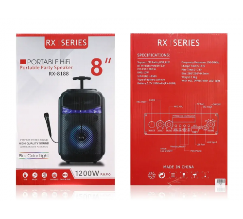 Музыкальная колонка-радио колонка с подсвидетельством BLUETOOTH RX-8188 1200 ВТ с микрофоном