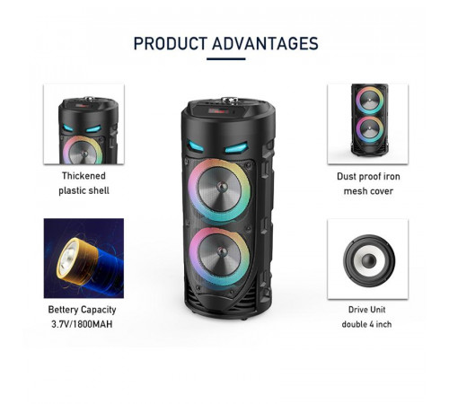 Портативна Bluetooth-колонка Sing-e ZQS4239 з LED-підсвічуванням / Бездротова колонка для вечірок з мікрофоном 30W