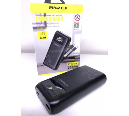 Power Bank Awei P 169K 20 000 mAh 22.5W with Type-C and Lightning Cable Black (20 шт/ящ) за 1336 грн