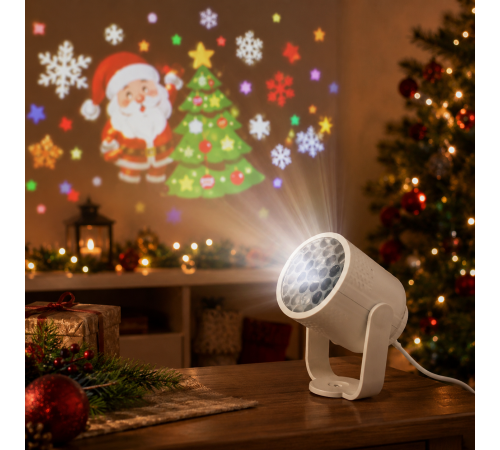 Новогодний проектор с праздничной проекцией / Светодиодный ночник-проектор / LED сольник для детей с проекцией елка, Санта-Клаус