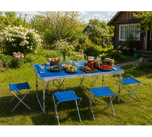 Синий Раскладной стол для пикника в чемодане Folding Table "120* 60* 70 см" + 4 стула