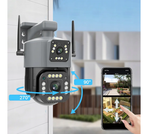 Поворотная WiFi камера Qettopo V380 / Уличная IP камера видеонаблюдения 8Мп, 2 объектива