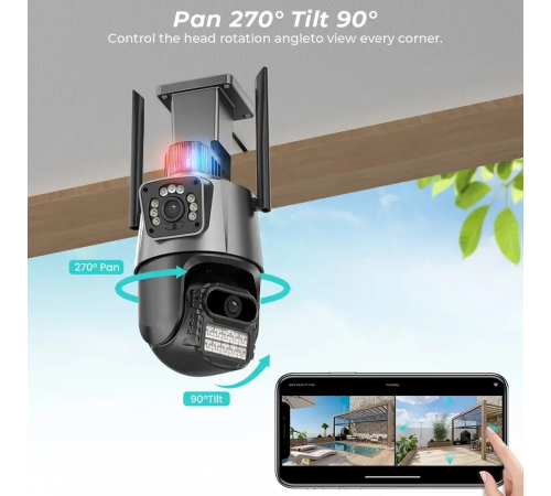 Уличная охранная поворотная WIFI камера Dual Lens Zoom 8MP сирена, зум, удаленным доступом онлайн