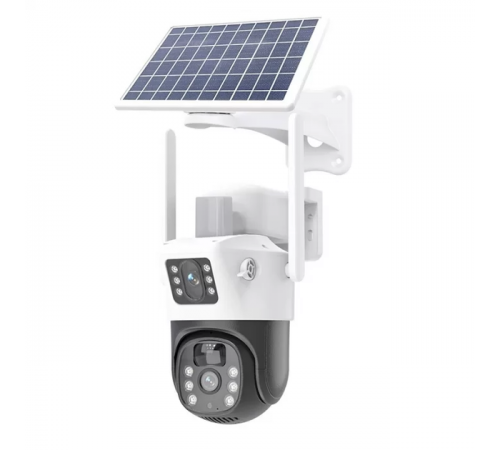 Поворотная погодозащитная IP WiFi камера 2 линзы с солнечной панелью V380 / Вайфай камера от солнечной панели