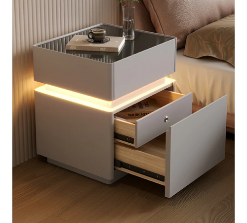 Тумба из экокожи XXF02 с LED подстветкой, сейфом, беспроводная зарядка, Bluetooth-аудио Серая 40х40х51