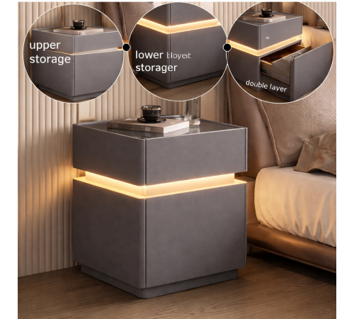 Тумба из экокожи XXF02 с LED подстветкой, сейфом, беспроводная зарядка, Bluetooth-аудио Серая 40х40х51