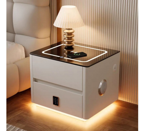 Тумба QYJXF02 из экокожи с LED подстветкой, USB, датчик движения, беспроводная зарядка, Bluetooth-аудио Белая