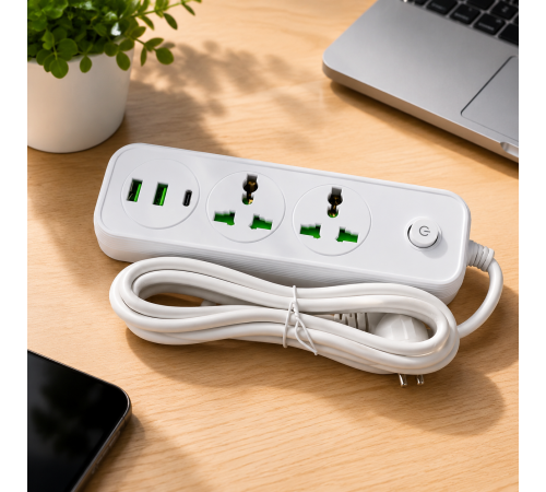 Мережевий фільтр 2 метри 2500Вт 2×220В, 2×USB, 1×TypeС / Подовжувач з вимикачем / Фільтр-подовжувач 5в1