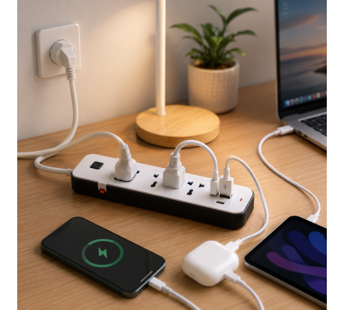 Удлинитель сетевой развивающий AND WL-7 / Удлинитель с USB портами / Сетевой фильтр на 3 розетки, (2хUSB+Type-C), 2м