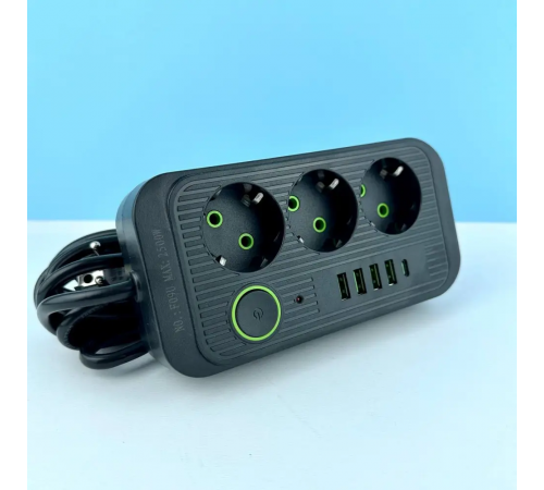 Сетевой фильтр питания UA Power Socket F09U 3 розетки +4USB +Type-C Port 2m, сетевой удлинитель розеток