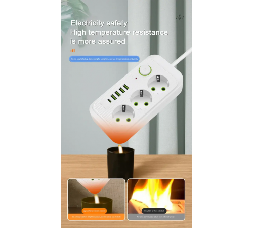 Сетевой фильтр питания UA Power Socket F09U 3 розетки +4USB +Type-C Port 2m, сетевой удлинитель розеток
