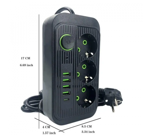 Сетевой фильтр питания UA Power Socket F09U 3 розетки +4USB +Type-C Port 2m, сетевой удлинитель розеток